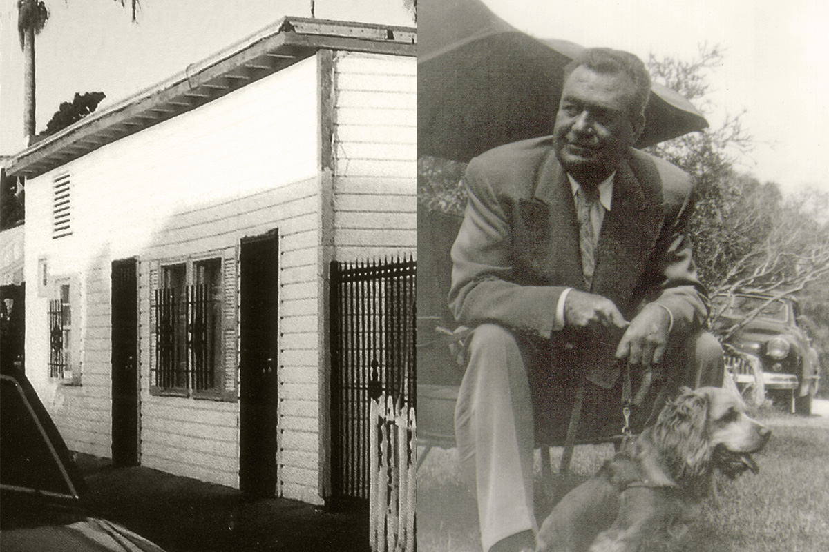 Left – Glenn Mitchell's Garage on Euclid Ave., 1946; Right – Glenn Mitchell and his dog, 1940.